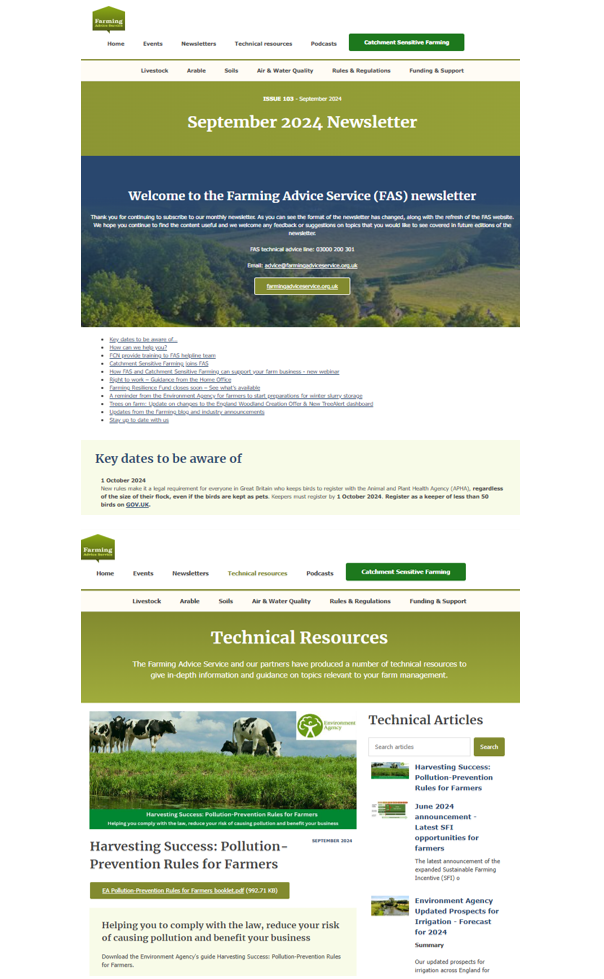 Screenshot of FAS Newsletter and Technical Resource pages 